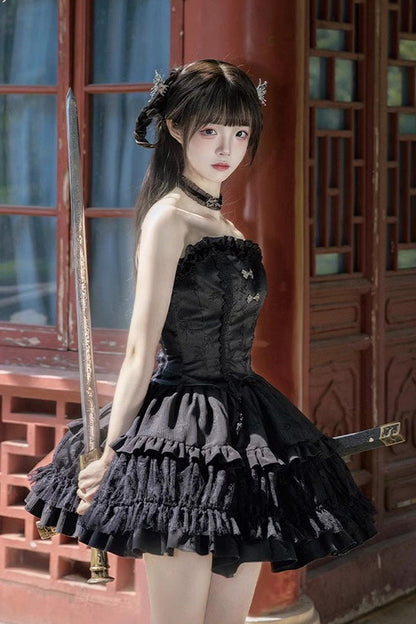 Black Bamboo Dream Multi-layer Dark Pattern Print Ruffle Gothic Lolita Skirt Set