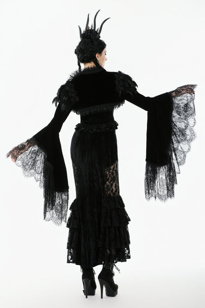 Black Lace Spliced Velvet Long Flared Sleeves Floral Feather Women's Gothic Cape