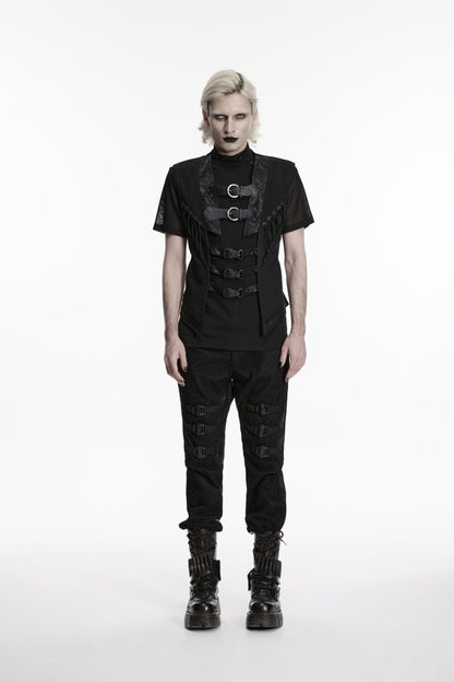 Black Cut-Out Lace-Up Slim Mesh Buckled Eyelet Men's Punk Handsome Vest