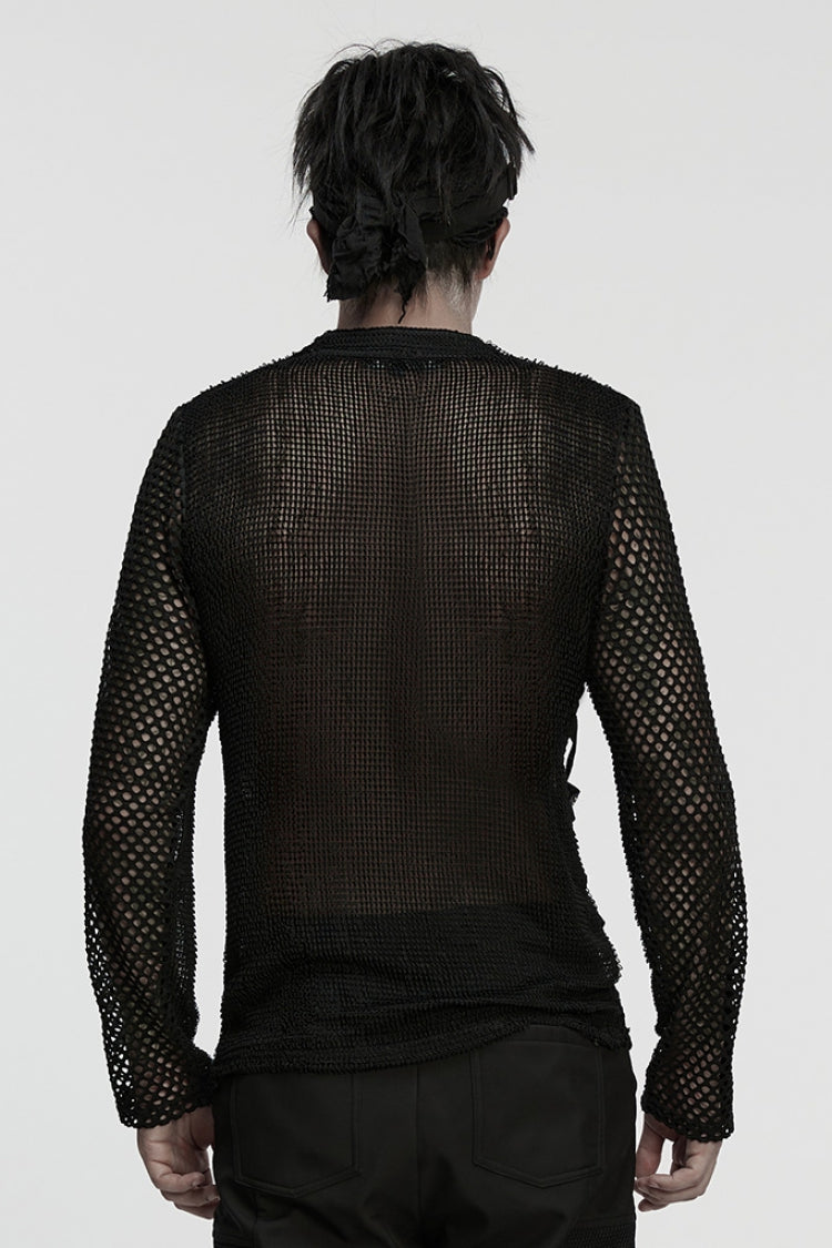 Black Long Sleeves Mesh Eyelet Men's Punk T-Shirt