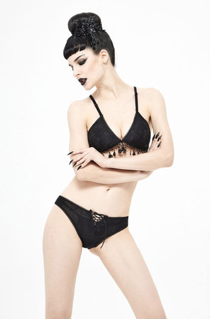 Black Dark Grain Jacquard Tassel Lace Up Gothic Swimsuit