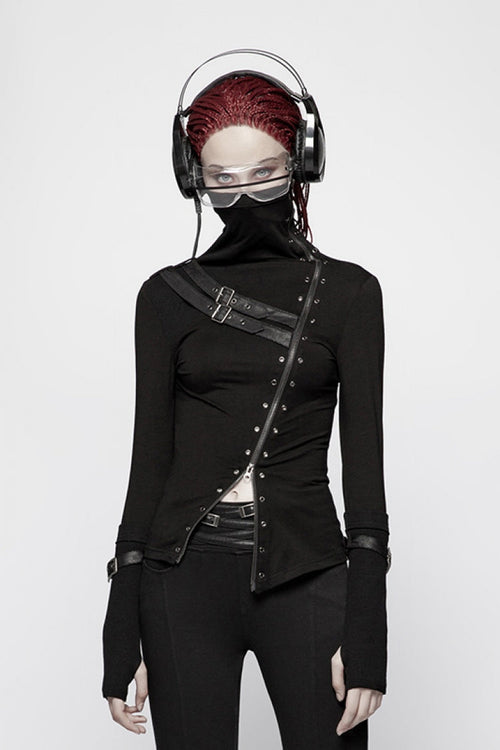 Black High Collar Long Sleeves Zipper Leather Buckle Women's Steampunk T-Shirt