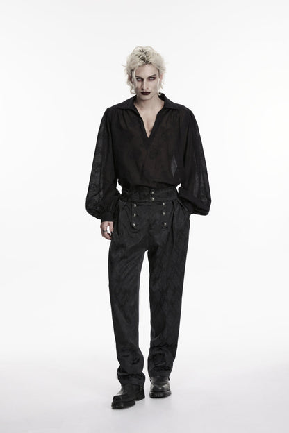 Black Lapel Collar Long Lantern Sleeves Printed Embroidered Men's Gothic Shirt