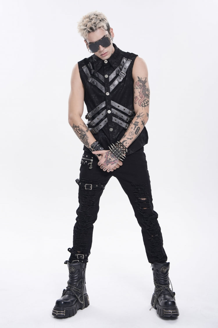 Black Lapel Collar Sleeveless Multi-Layered Printed Tie-dyed Buckled Men's Punk Shirt