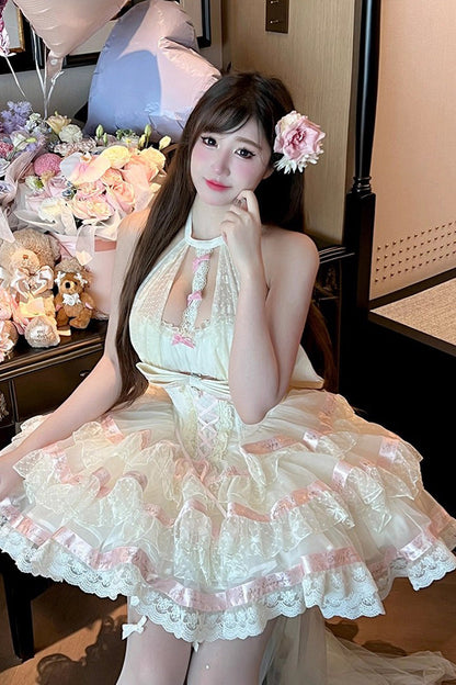 Beige [Ballet Dream] Halterneck Triple-Layered Ruffle Bowknot Lace-Up Sweet Princess Lolita Dress