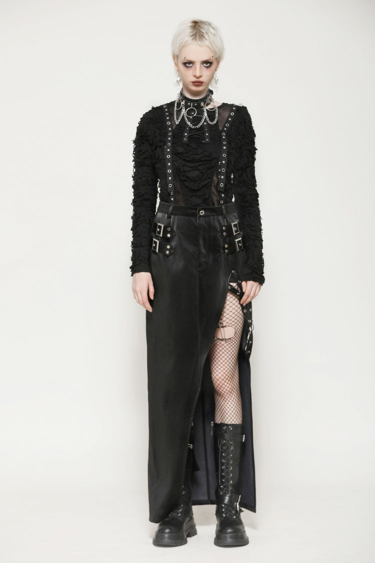 Black Leather Women's Punk Buckled Side Slit Irregular Hem Skirt