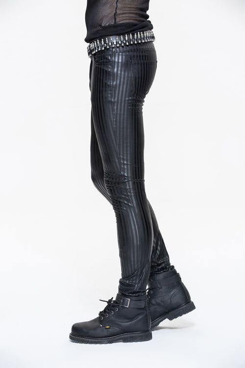 Black Autumn And Winter Vertical Stripes Elastic Punk Leather Mens Pants