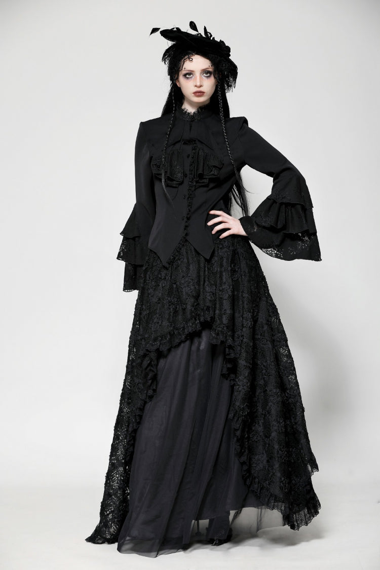 Black Lace Stand Collar Multi-Layered Ruffled Long Flared Sleeves Women's Gothic Blouse