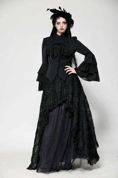 Black Lace Stand Collar Multi-Layered Ruffled Long Flared Sleeves Women's Gothic Blouse