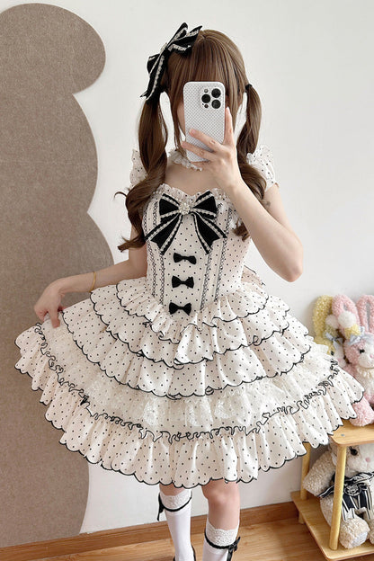 Beige Sleeveless Multi-Layered Polka Dots Printed Ruffled Bow Sweet Princess Lolita Jsk Dress