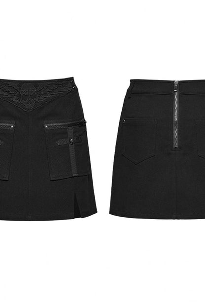Black Embroidered Zippered Women's Punk Skull Embroidered Cool Big Pocket Skirt