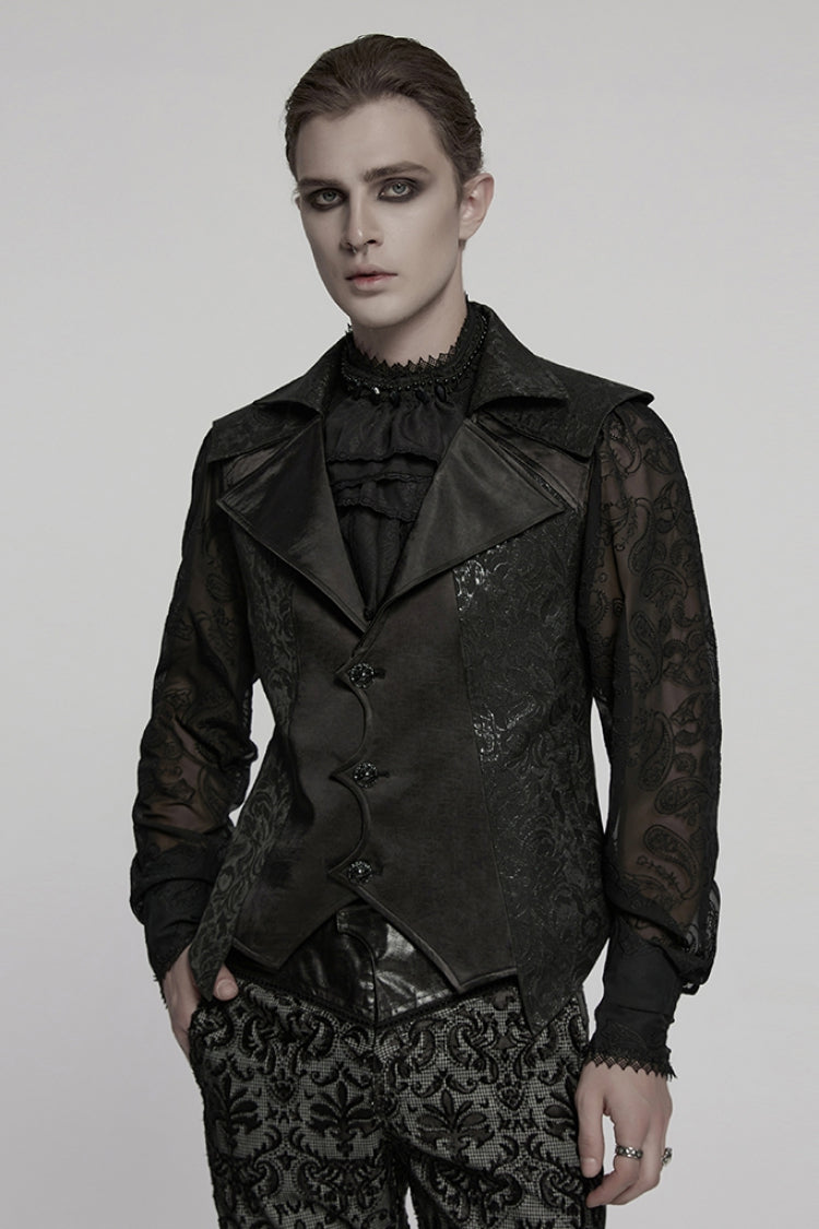 Black Lapel V Collar Long Sleeves Embroidery Men's Gothic Vest