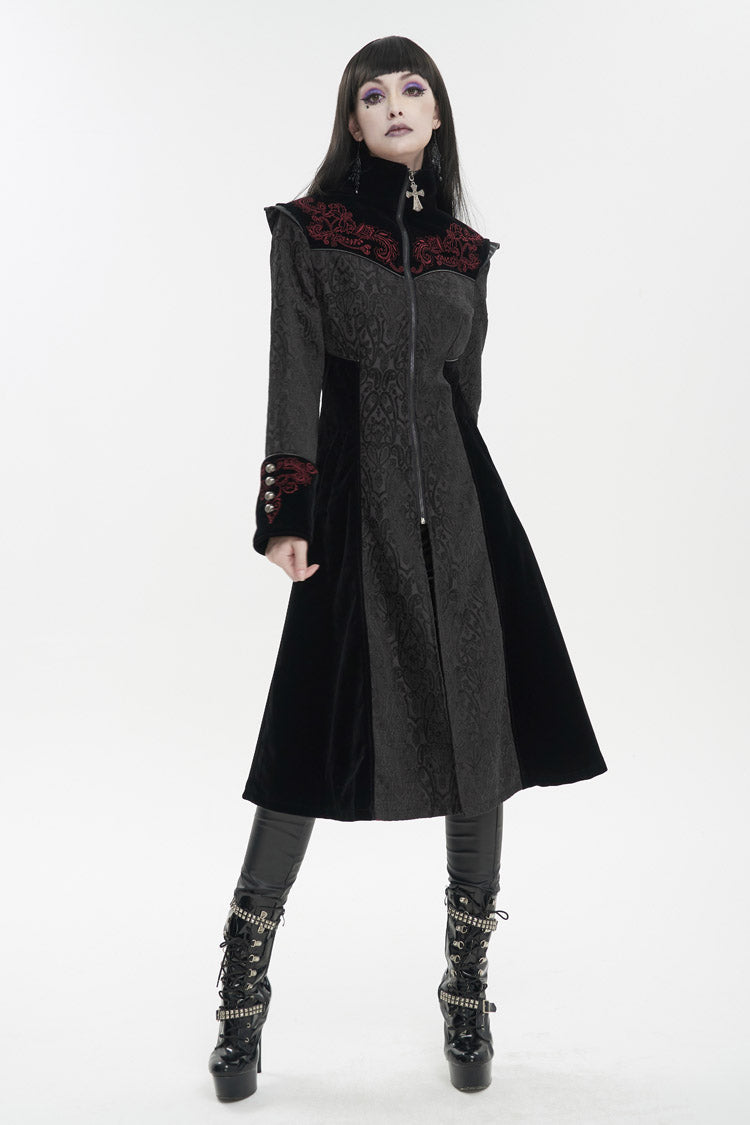 Black Jacquard Studded Mushroom Buckle Metal Cross Embroidered Women's Gothic Coat