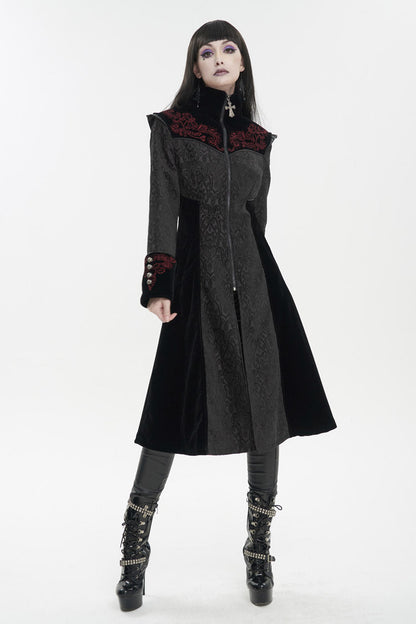 Black Jacquard Studded Mushroom Buckle Metal Cross Embroidered Women's Gothic Coat