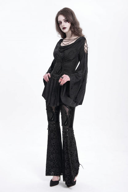 Black Long Trumpet Sleeves Print Embroidery Women's Gothic Blouse