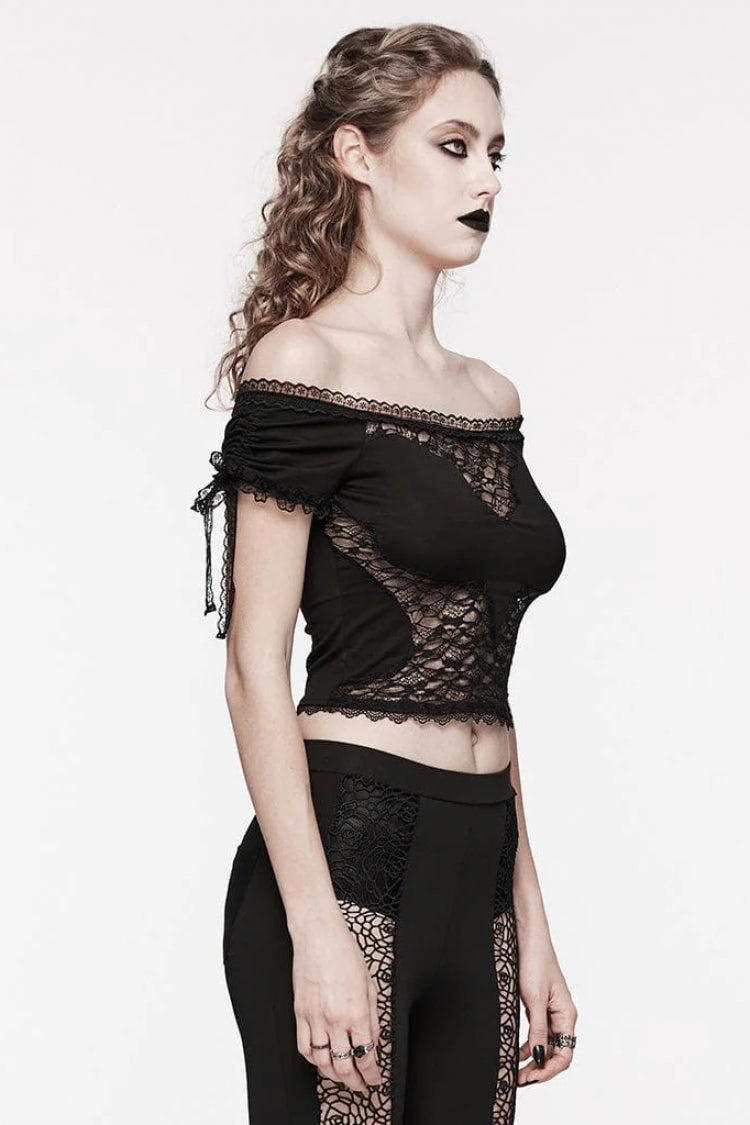 Black Off Shoulder Short Sleeves Hollow Bowknot Lace Women's Gothic Top