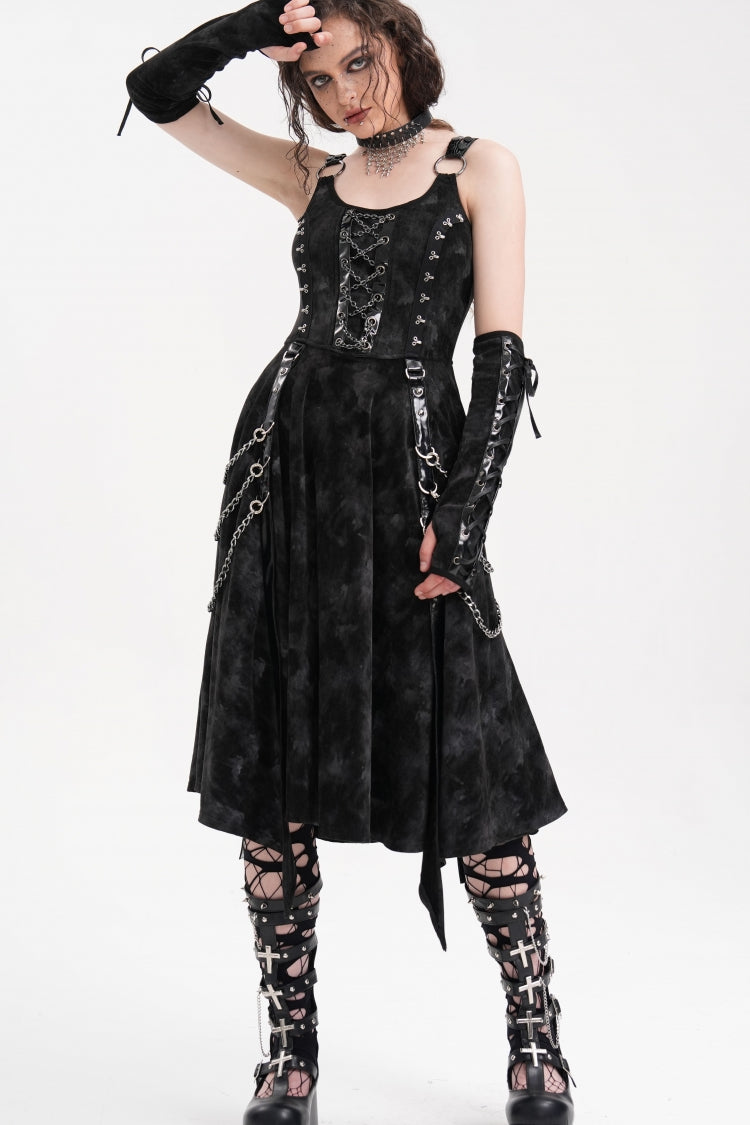 Black Chains Rings Lace-Up Women's Gothic Slip Dress with Gloves