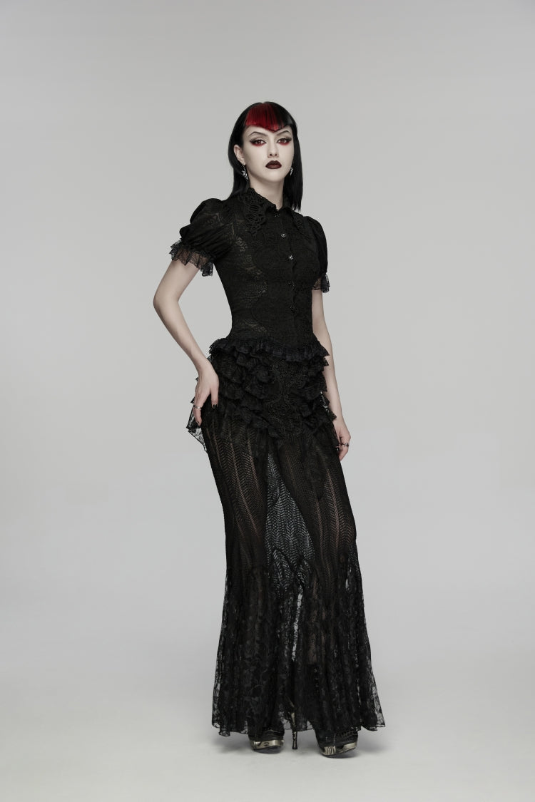 Black Lapel Collar Short Puff Sleeves Cut-Out Lace Lace-Up Slim Women's Gothic Blouse