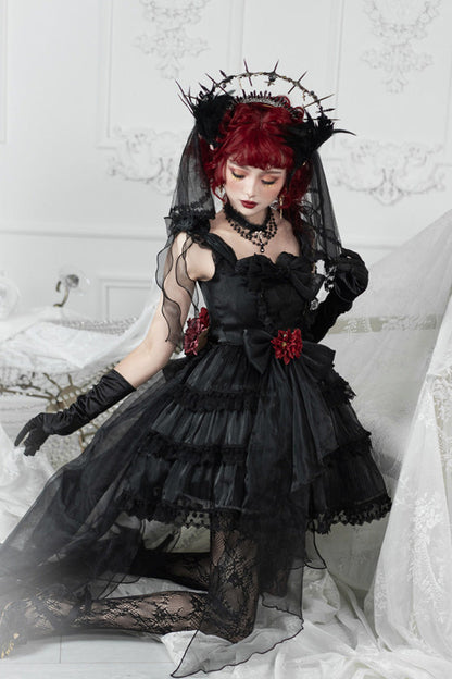 Black Multi-Layered Ruffled Hanayome Bow Pearl-Decorated Gothic Lolita Jsk Dress Full Set 2 Versions
