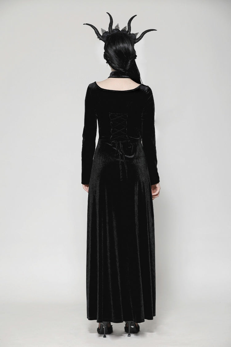 Black Long Sleeves Cut-Out Lace-Up Women's Gothic Side Slit Velvet Party Dress Wedding Dress