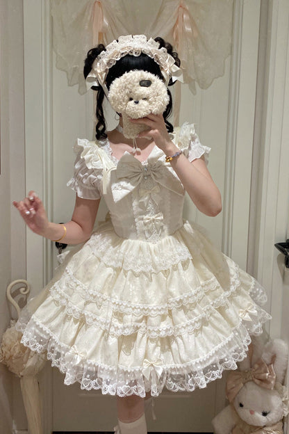 Beige [Sweet Mist Cherry Romance] Sleeveless Multi-Layered Hanayome Bow Lace Lolita Jsk Dress