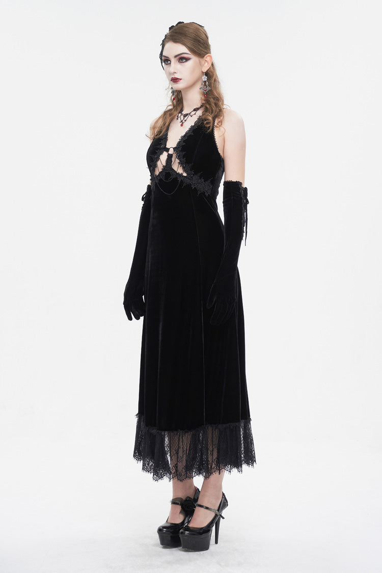 Black Lace Up Lace Hem Slip Long Women's Gothic Dres