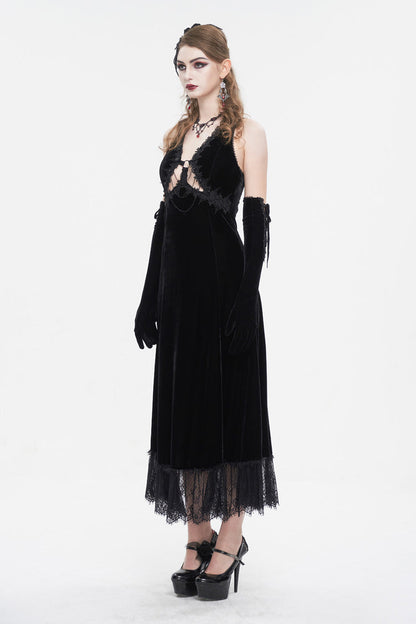Black Lace Up Lace Hem Slip Long Women's Gothic Dres