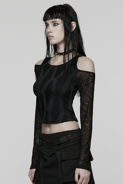 Black Off Shoulder Long Sleeves Spliced Mesh Pleated Women's Punk Top