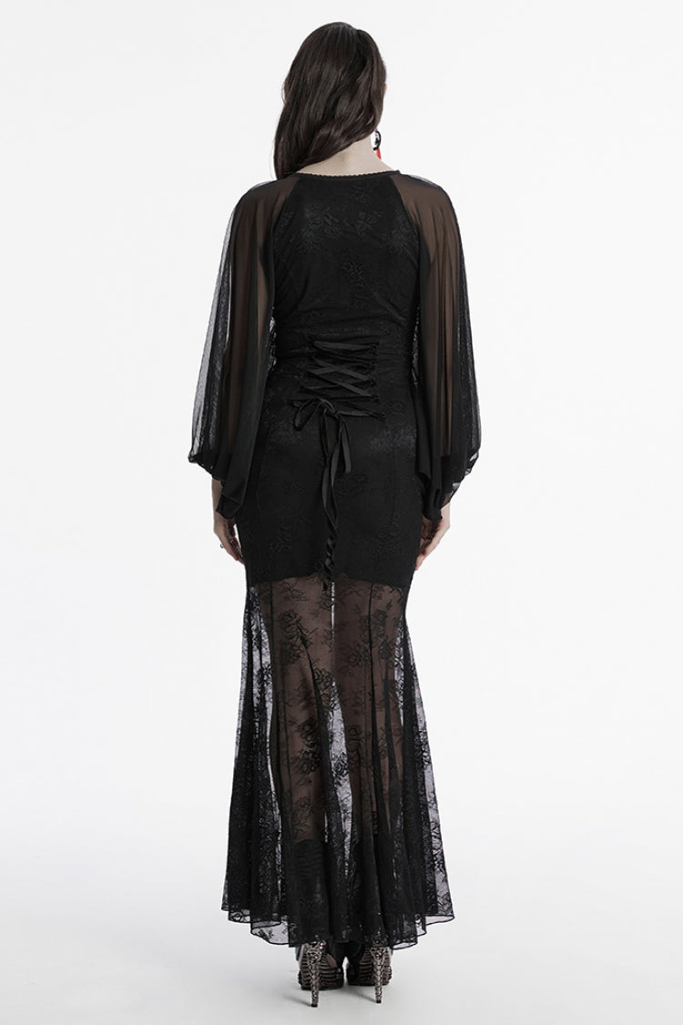 Black Long Plunging Batwing Sleeves Hollow Embroidery Women's Punk Dress