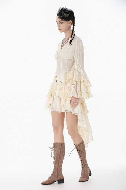 Beige V Collar Long Trumpet Sleeves Multi-Layered Lace-Up Women's Stempunk Blouse