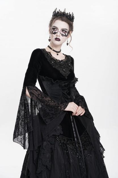 Black Long Sleeves Lace-Up Beaded Pleated Women's Gothic Blouse