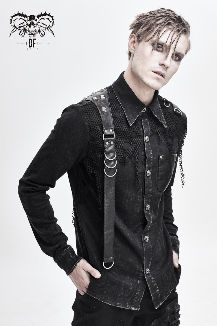 Black Asymmetric Left Shoulder Loop Mesh Rivet Snap Button Men's Punk Shirt