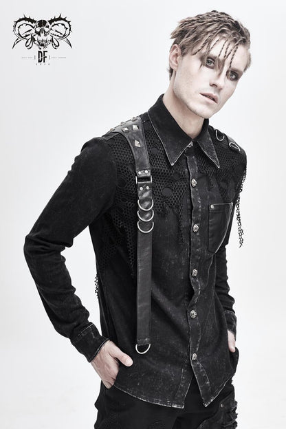 Black Asymmetric Left Shoulder Loop Mesh Rivet Snap Button Men's Punk Shirt