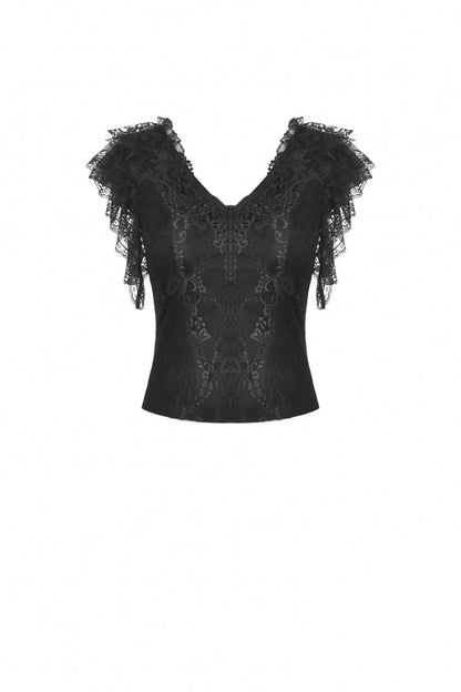 Black Plunging V Collar Short Sleeves Ruffled Lace Sexy Women's Gothic Crop Top
