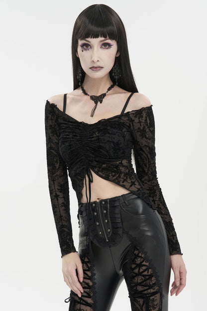 Black Flocked Chest Ruched Adjustable Off-Shoulder Women's Punk T-Shirt