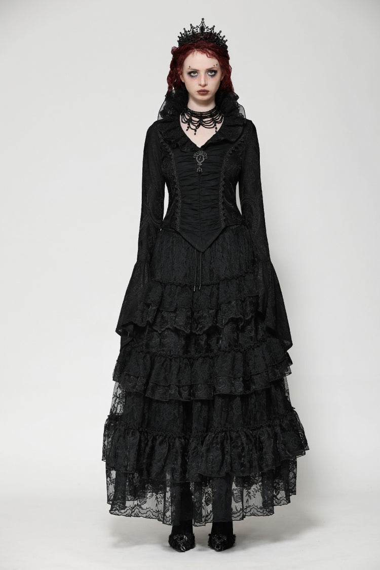 Black Lace Ruffled V Stand Collar Long Flared Sleeves Jacquard Women's Gothic Blouse