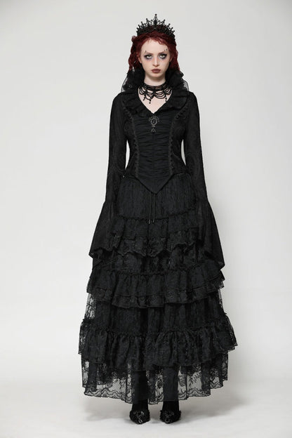 Black Lace Ruffled V Stand Collar Long Flared Sleeves Jacquard Women's Gothic Blouse