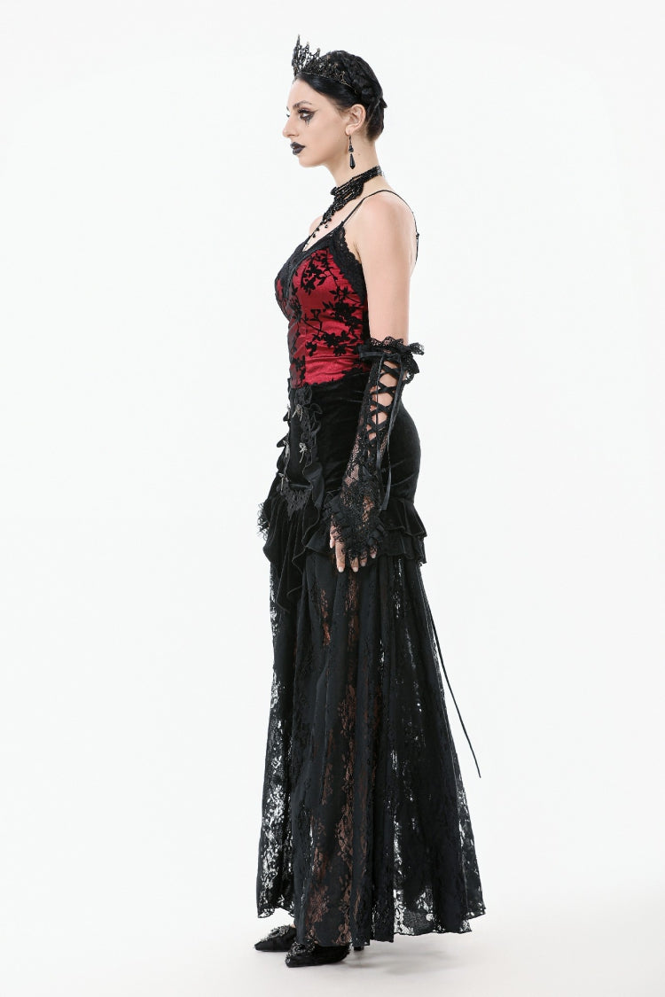 Black Multi-Layered Ruffled Velvet Spliced Lace Lace-Up Women's Gothic Long Skirt