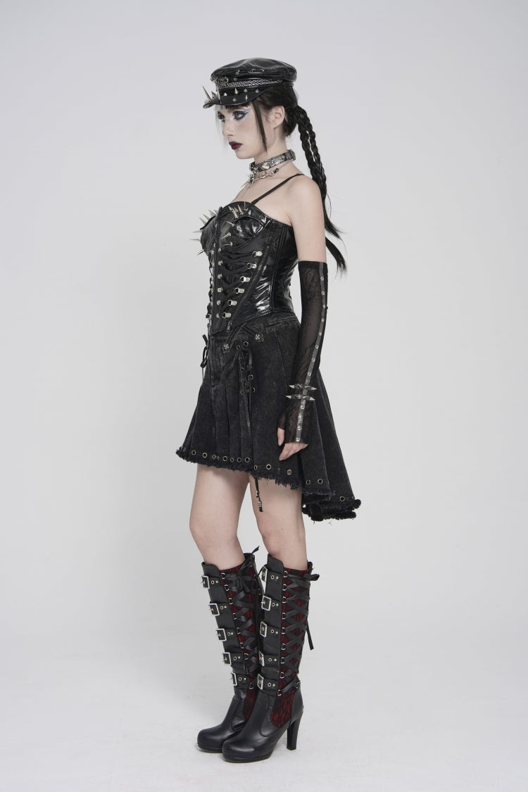 Black Lace-Up Slim Studded Zippered Women's Punk Corset