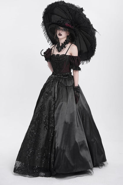 Black Off Shoulder Short Sleeves Jacquard Cardigan Stitching Lace Women's Gothic Dress