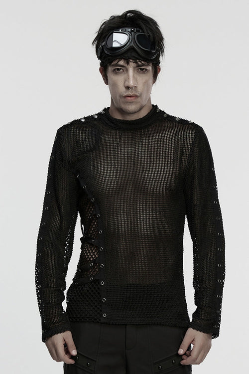 Black Long Sleeves Mesh Eyelet Men's Punk T-Shirt
