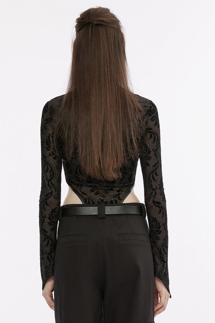 Black Imitation Leather Dividing Line Round Collar Long Sleeves Print Women's Punk Bodysuit