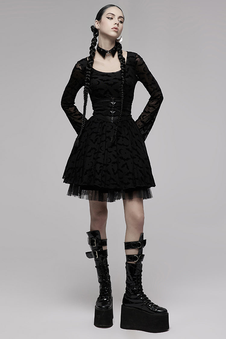 Black Minimalist Flared Sleeve Bat Moon Flocking Print Pattern Long Sleeves Punk Women's Dress