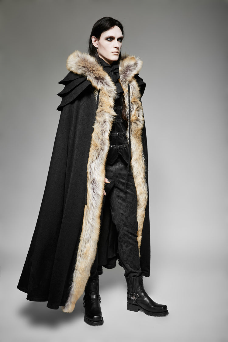 Black Hooded Fur Collar Wool Long Mens Gothic Coat Cloak