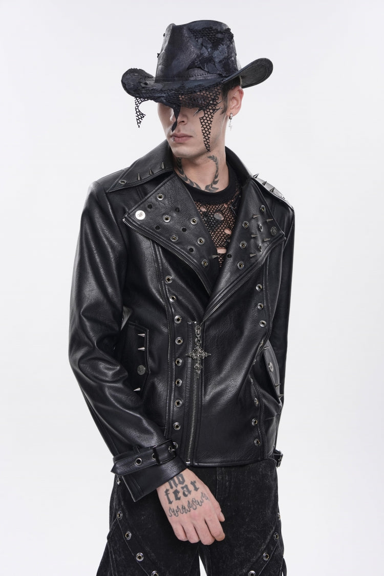 Black Lapel Collar Long Sleeves Studded Buckled Zippered Eyelet Women's Punk Jacket