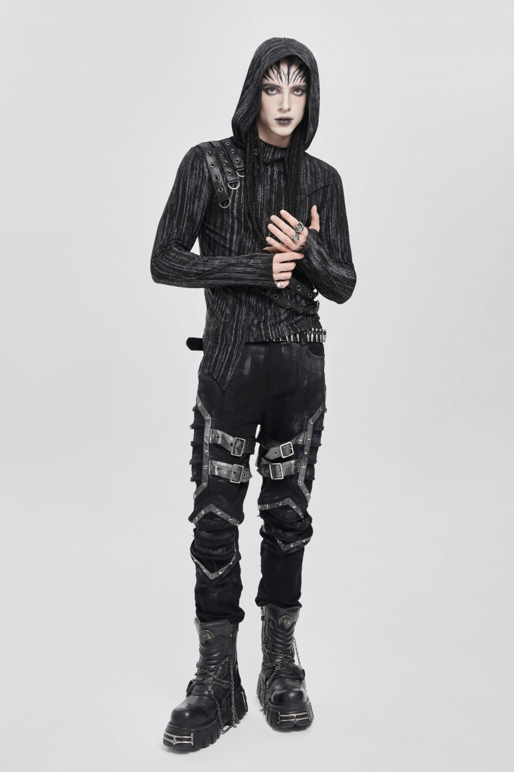 Black Long Sleeves Irregular Hooded Straps Eyelet Men's Punk Blouse