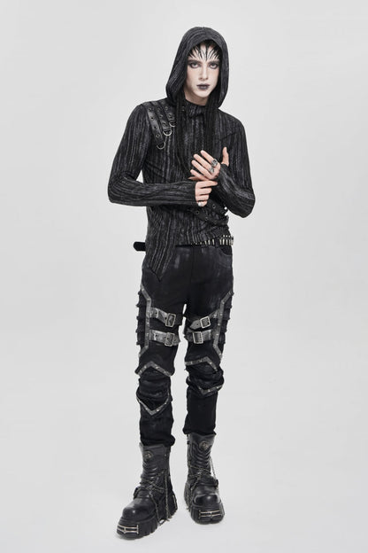 Black Long Sleeves Irregular Hooded Straps Eyelet Men's Punk Blouse
