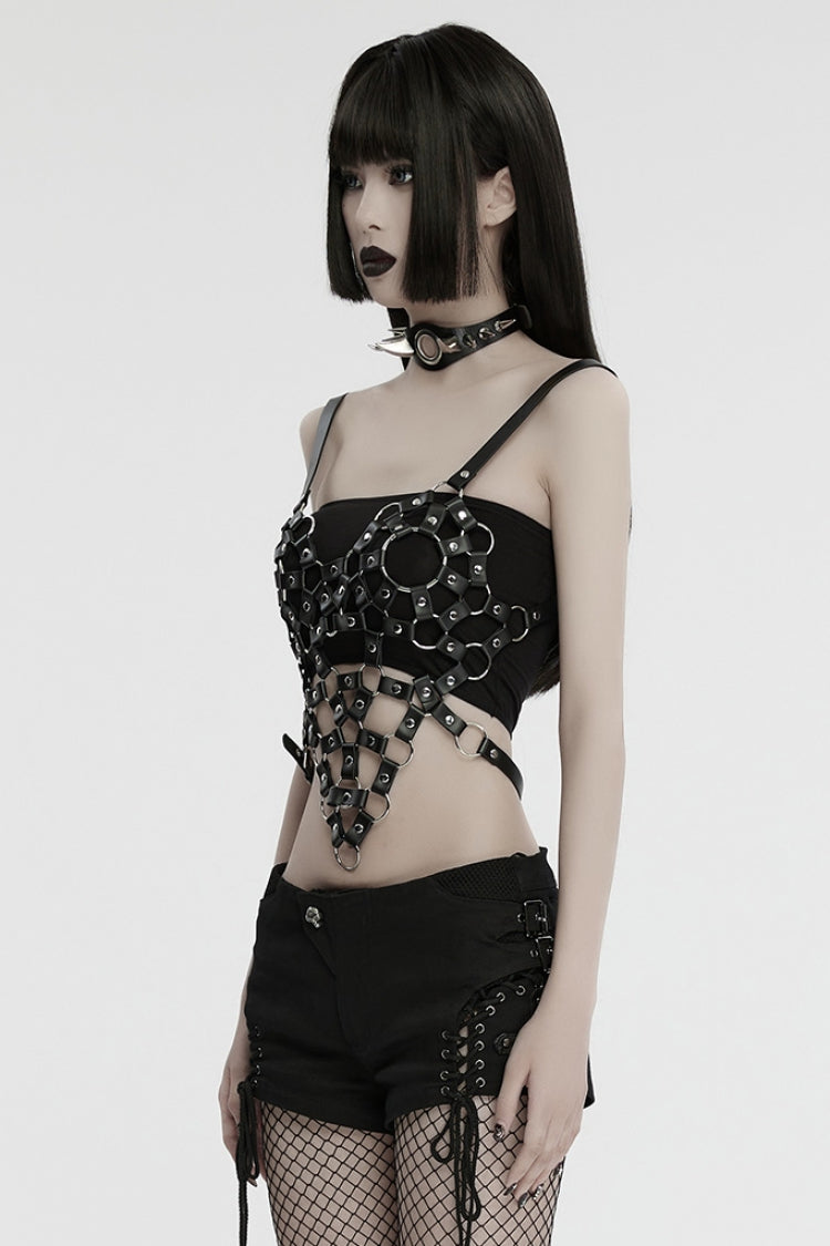 Black Faux Leather Stitching Cutout Ring Women's Punk Crop Top