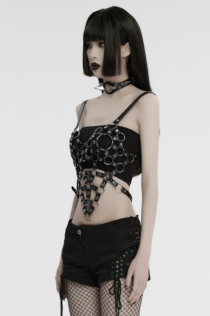 Black Faux Leather Stitching Cutout Ring Women's Punk Crop Top