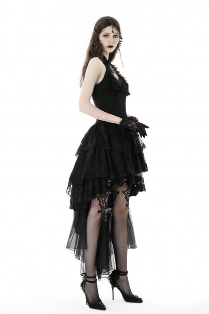 Black Off Shoulder Halterneck Sleeveless Irregular High Low Multi-Layered Lace Women's Gothic Dress